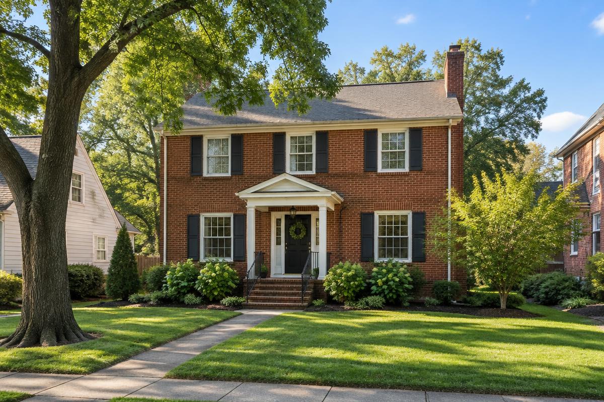 A brick colonial home on a tree-lined Franklin County, Ohio street